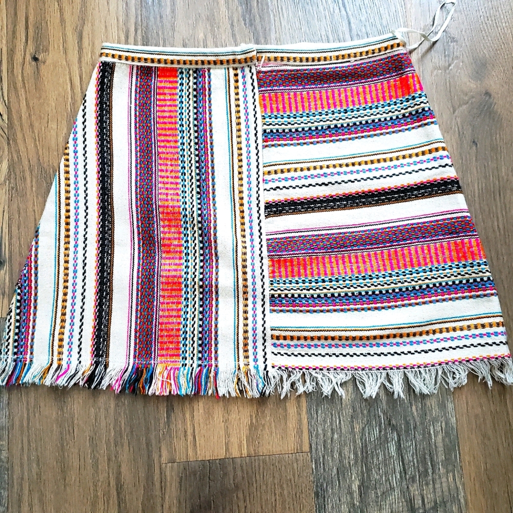 Zara Trafaluc Woven Multi Color Mini Skirt Fringe
